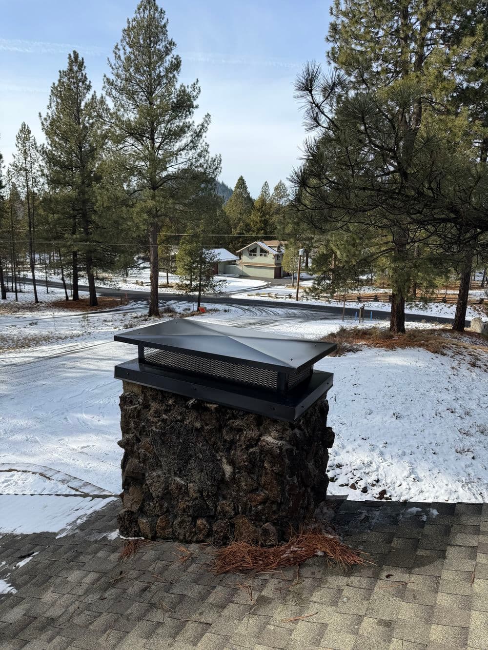 Chimney cap on stone base with snowy landscape and pine trees in the background.
