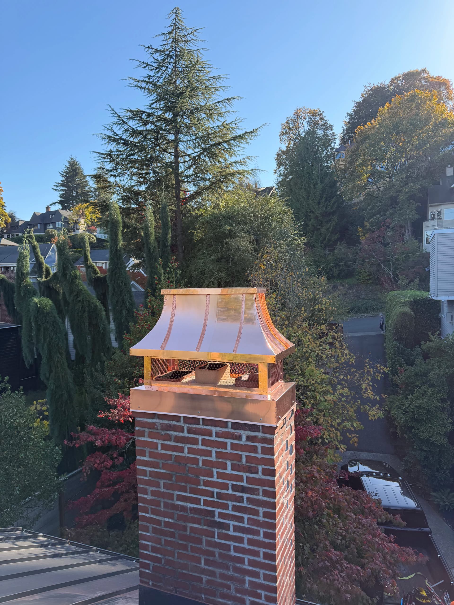 Gallery photos for Custom 20oz Copper Concave Chimney Cap Installed in Portland Oregon: Image #2